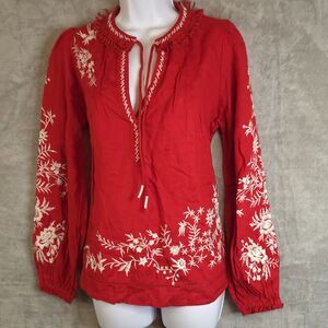 Sundance Red White Floral Embroidered  Peasant Top Sz XS Linen Boho NWT
